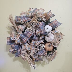 Autumn Harvest Wreath with Plaid Ribbons